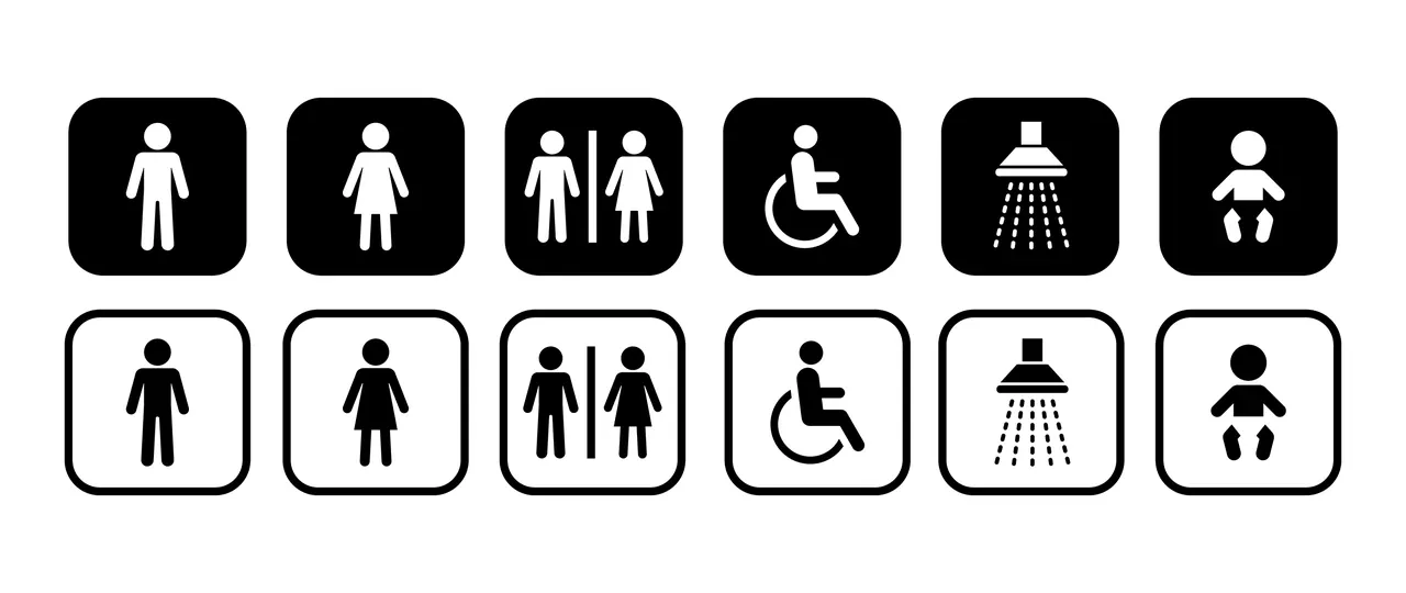 Set of washroom pictograms including accessible, shower and baby change symbols